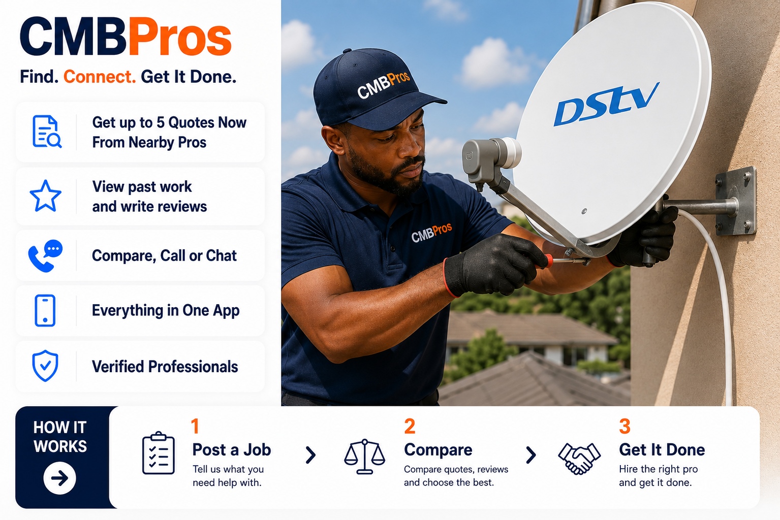 DSTV installation technician mounting a satellite dish in Lusaka